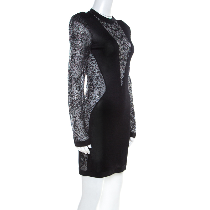 

Balmain Black Sheer Lace Paneled Mini Bodycon Dress