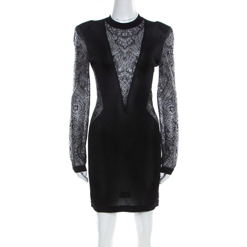 Pre Owned Balmain Black Sheer Lace Paneled Mini Bodycon Dress M