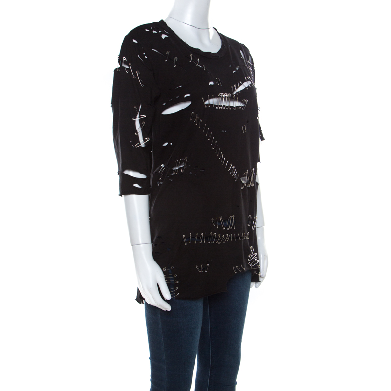 

Balmain Black Cotton Safety Pin Embelliished Cut Out Top