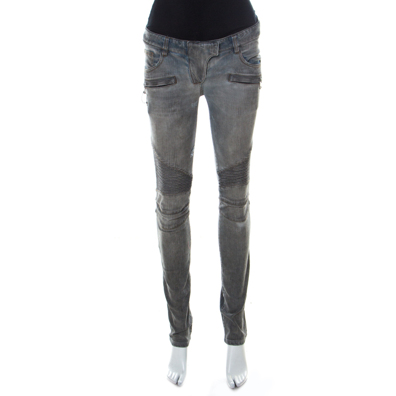 

Balmain Grey Washed Denim Pintucked Panel Zip Detail Skinny Jeans