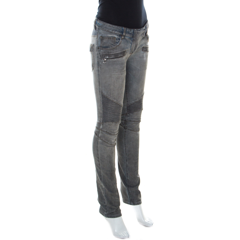 

Balmain Grey Washed Denim Pintucked Panel Zip Detail Skinny Jeans
