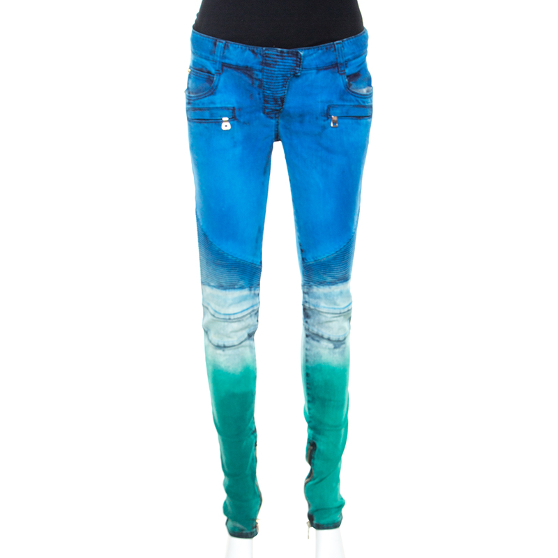 Pre Owned Balmain Multicolor Tie Dye Denim Zip Detail Biker Jeans M