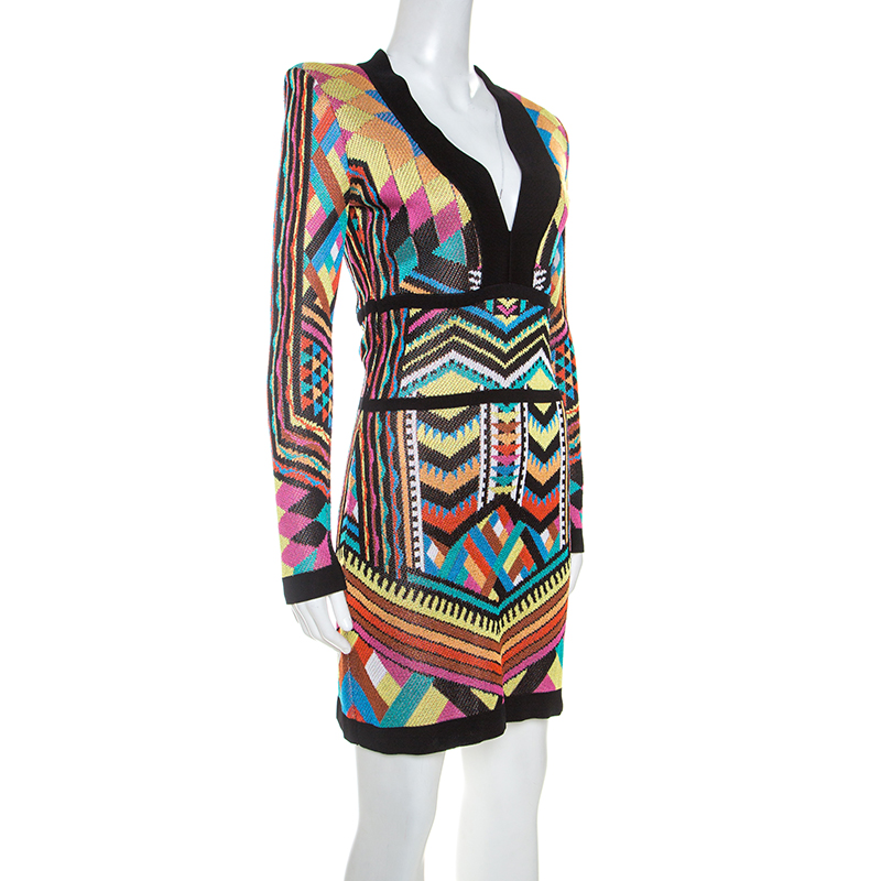 

Balmain Multicolor Patterned Knit V-Neck Short Dress