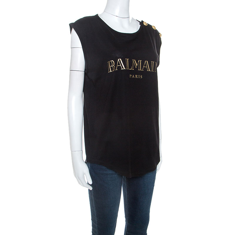 

Balmain Black Cotton Shoulder Logo Button Detail Sleeveless T-Shirt