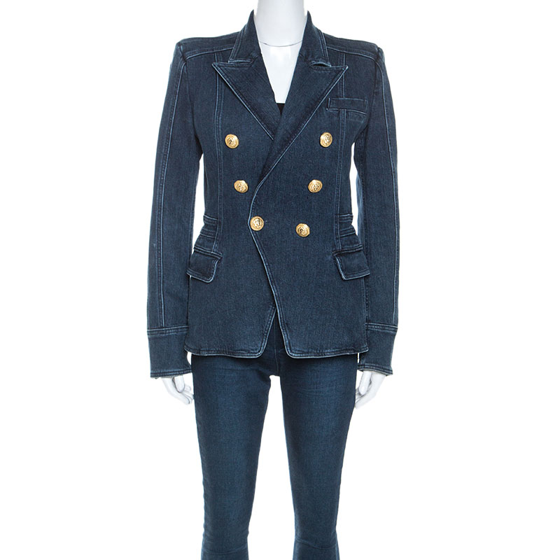 Pre Owned Balmain Blue Denim Double Breasted Blazer M