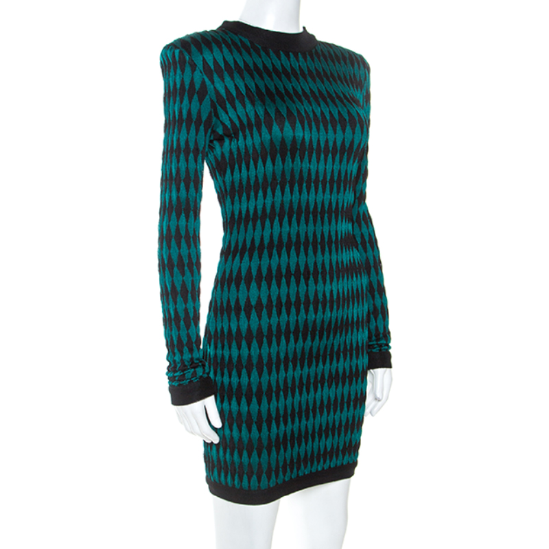 

Balmain Bicolor Knit Long Sleeve Intarsia Mini Dress, Green