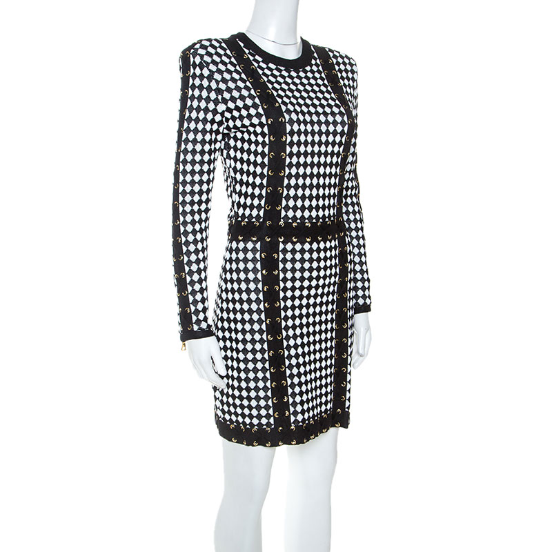

Balmain Monochrome Checkered Knot Lace Up Detail Short Dress, Black