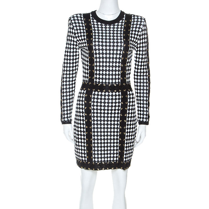 Pre Owned Balmain Monochrome Checkered Knot Lace Up Detail Short Dress M