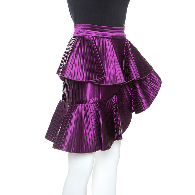 

Balmain Purple Satin Pleated Asymmetric Ruffled Mini Skirt
