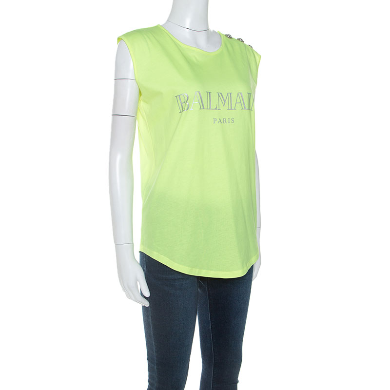 

Balmain Neon Yellow Logo Print Cotton Sleeveless T-Shirt