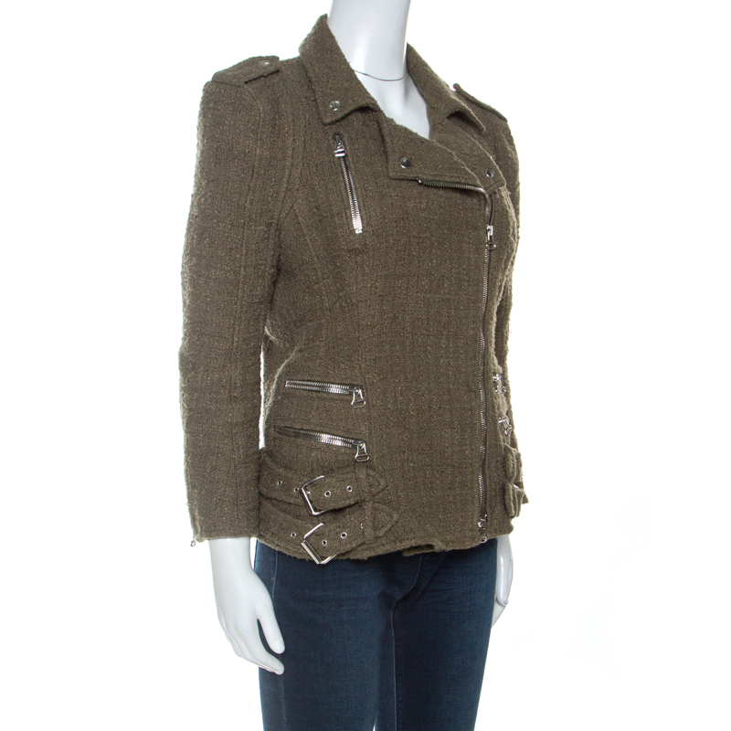 

Balmain Olive Green Tweed Buckle Detail Zip Front Jacket