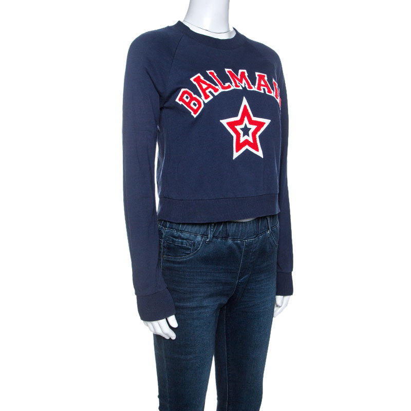 

Balmain Navy Blue Logo Embroidered Knit Cropped Top