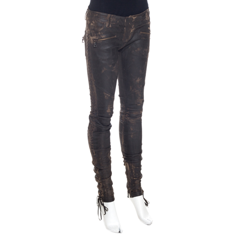 

Balmain Brown Distressed Leather Side Lace Up Pants