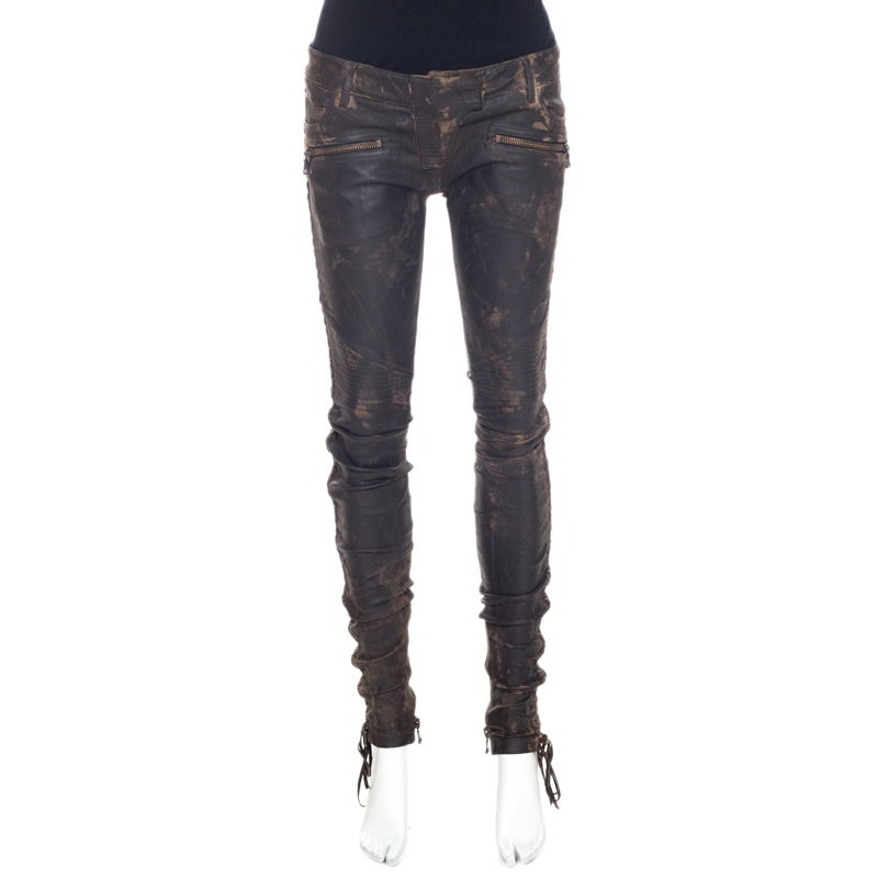 Balmain Brown Distressed Leather Side Lace Up Pants S