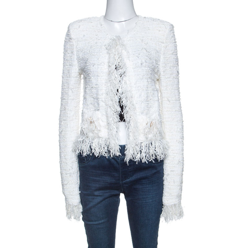 Pre Owned Balmain White Tweed Fringed Detail Jacket M