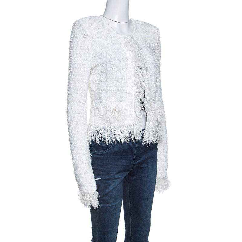 

Balmain White Tweed Fringed Detail Jacket