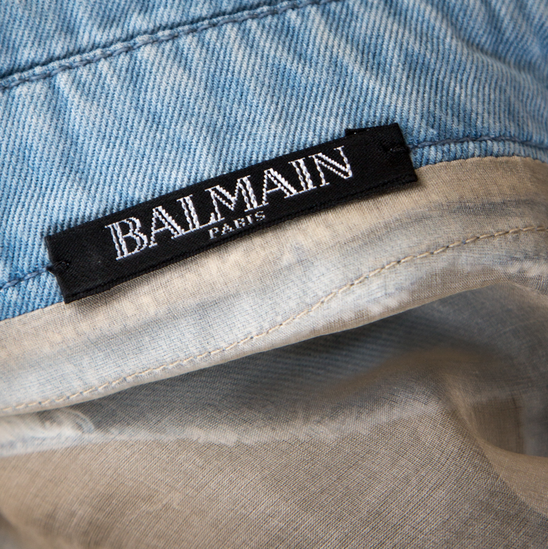 Pre-owned Balmain Bicolor Sheer Silk Panelled Denim Trim Shirt Dress L In Cream