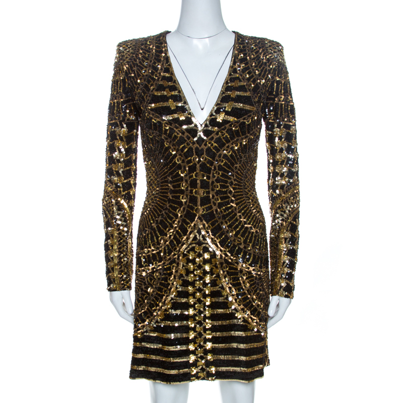 Pre-owned Balmain Gold & Black Sequin Embellished Mini Dress S