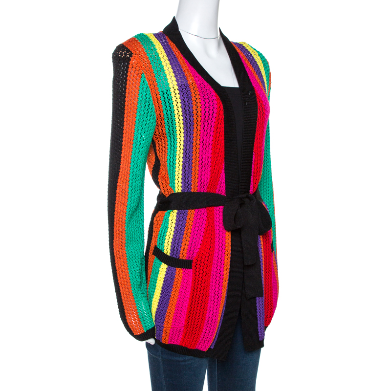 

Balmain Multicolor Stripe Open Knit Belted Cardigan