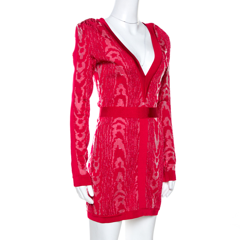 

Balmain Red Moire Jacquard Knit Mini Dress