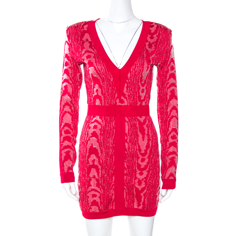 Pre-owned Balmain Red Moire Jacquard Knit Mini Dress S