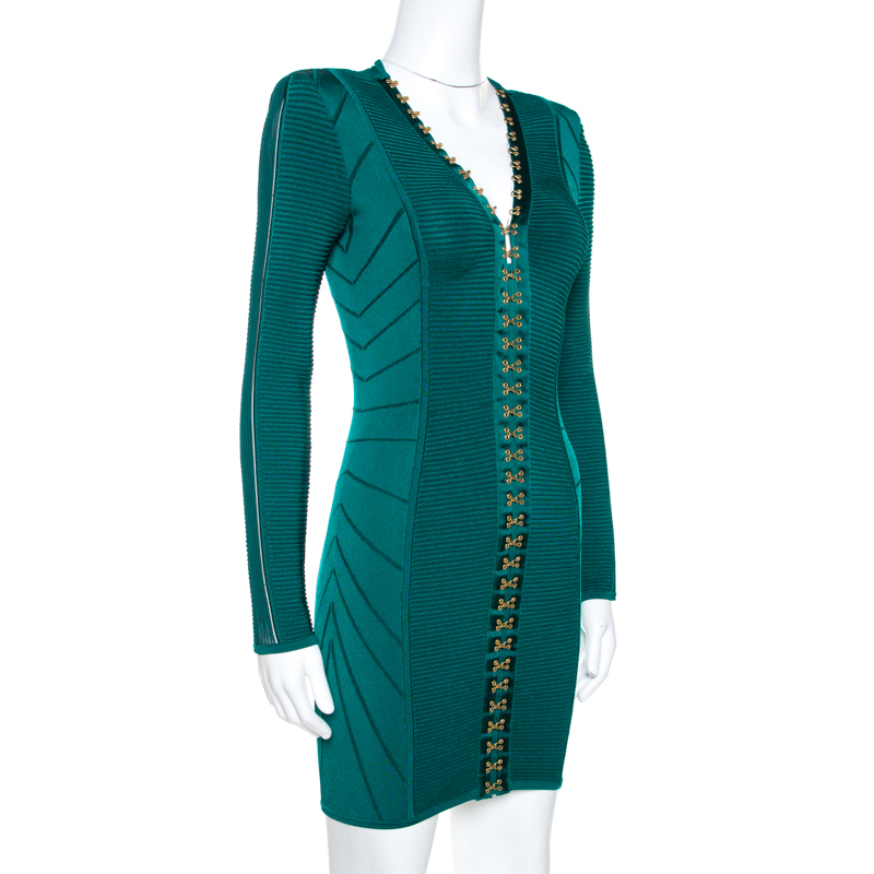 

Balmain Green Rib Knit Hook & Eye Detail Mini Dress