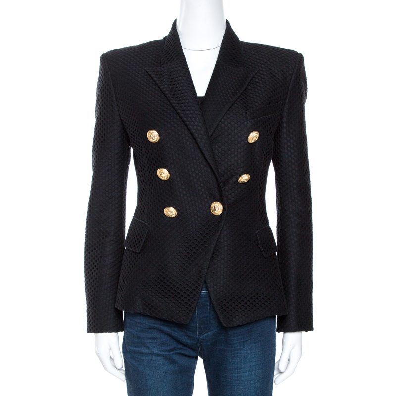 Pre-owned Balmain Black Eyelet Lace Double Breasted Blazer M
