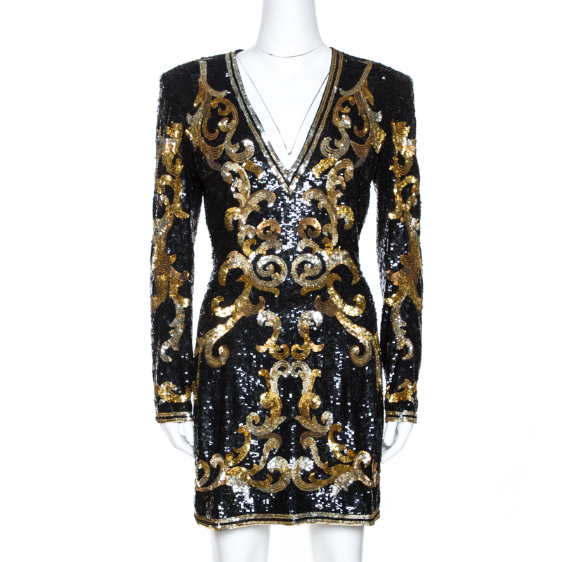 Pre-owned Balmain Gold & Black Baroque Pattern Sequin Embellished Dress M