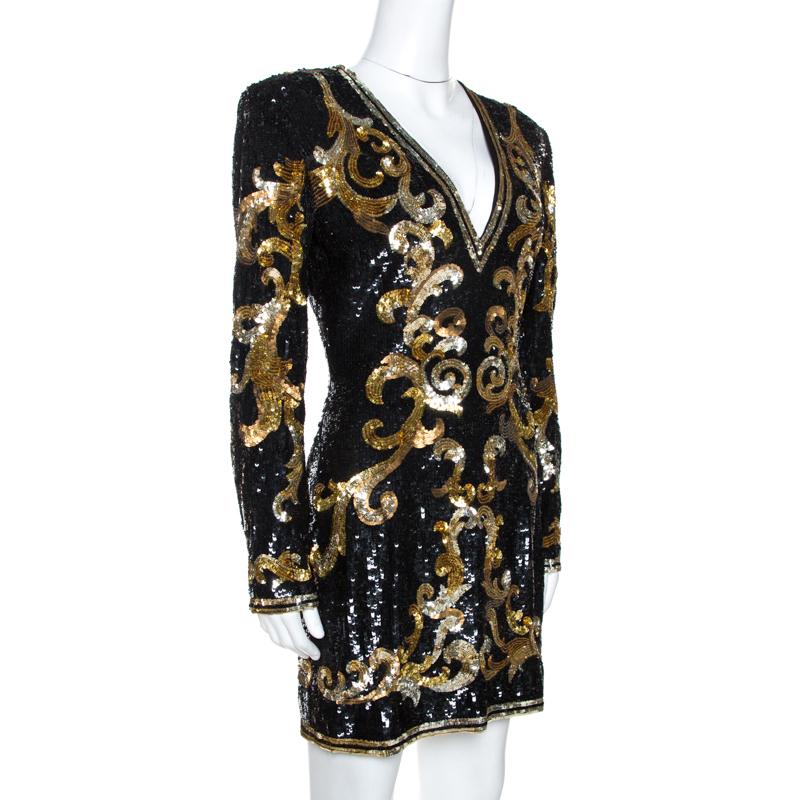 

Balmain Gold & Black Baroque Pattern Sequin Embellished Dress