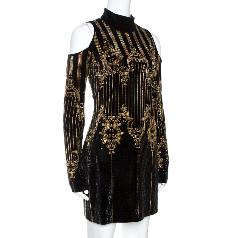 

Balmain Gold & Black Beaded Velvet Cold Shoulder Dress