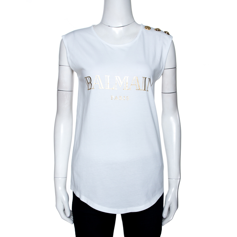Pre Owned Balmain White Cotton Shoulder Logo Button Detail Sleeveless T-Shirt S