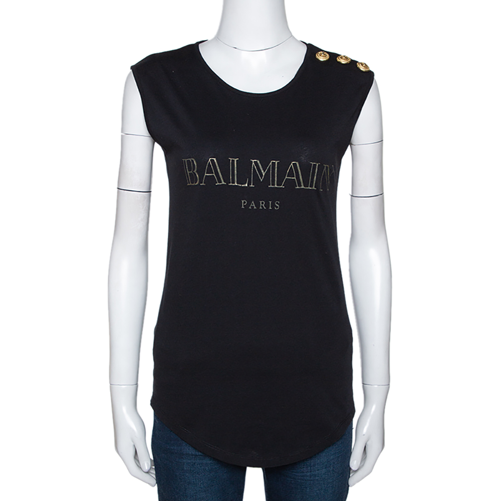 Pre Owned Balmain Black Cotton Shoulder Logo Button Detail Sleeveless T-Shirt S