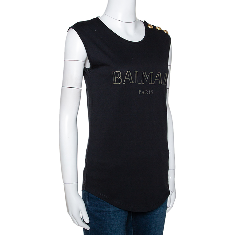 

Balmain Black Cotton Shoulder Logo Button Detail Sleeveless T-Shirt