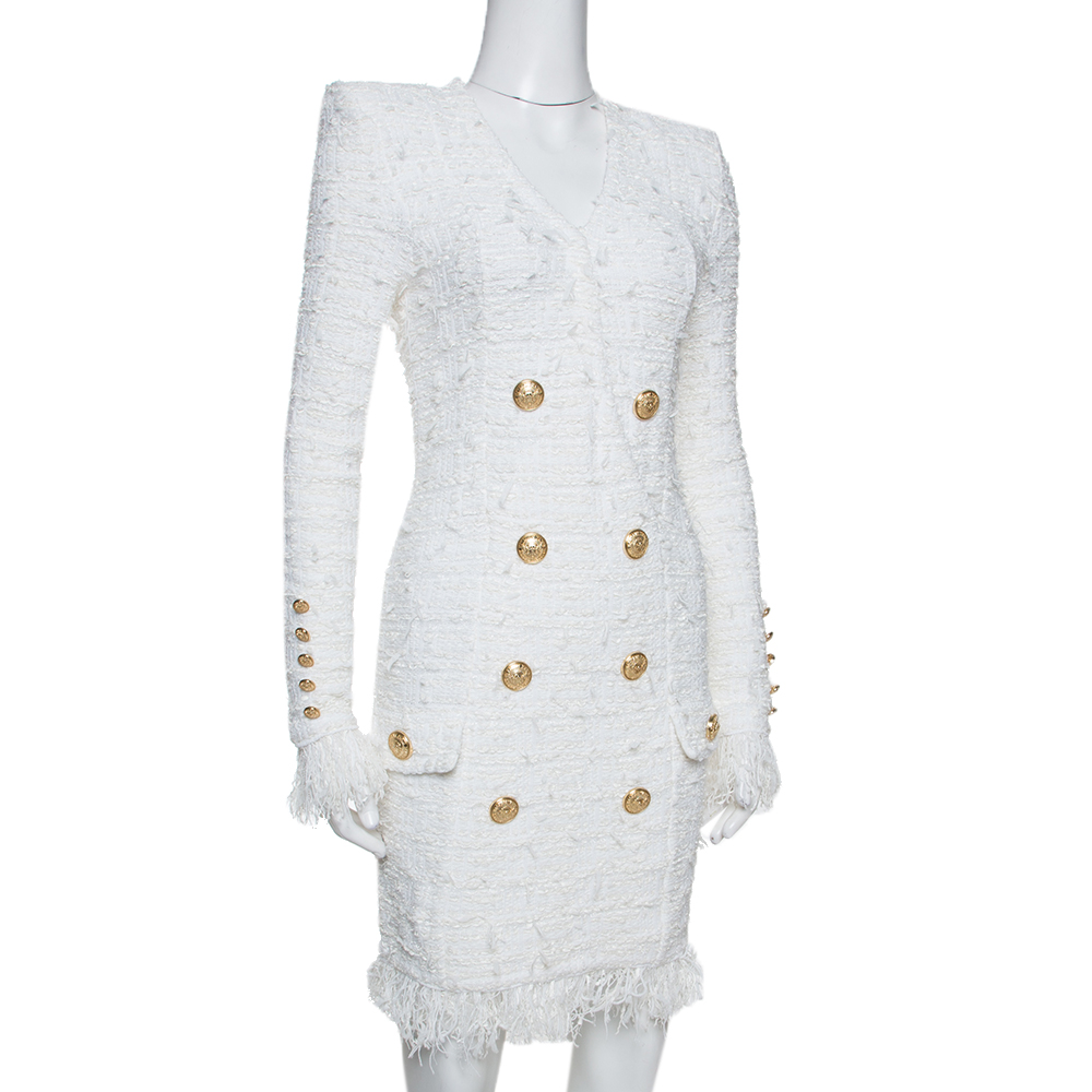 

Balmain White Distressed Tweed Fringe Detail Fitted Dress