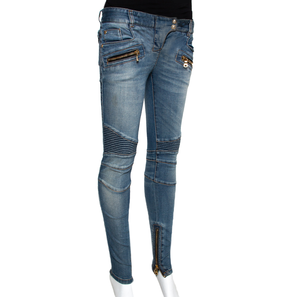 

Balmain Blue Denim Zip Detail Skinny Jeans