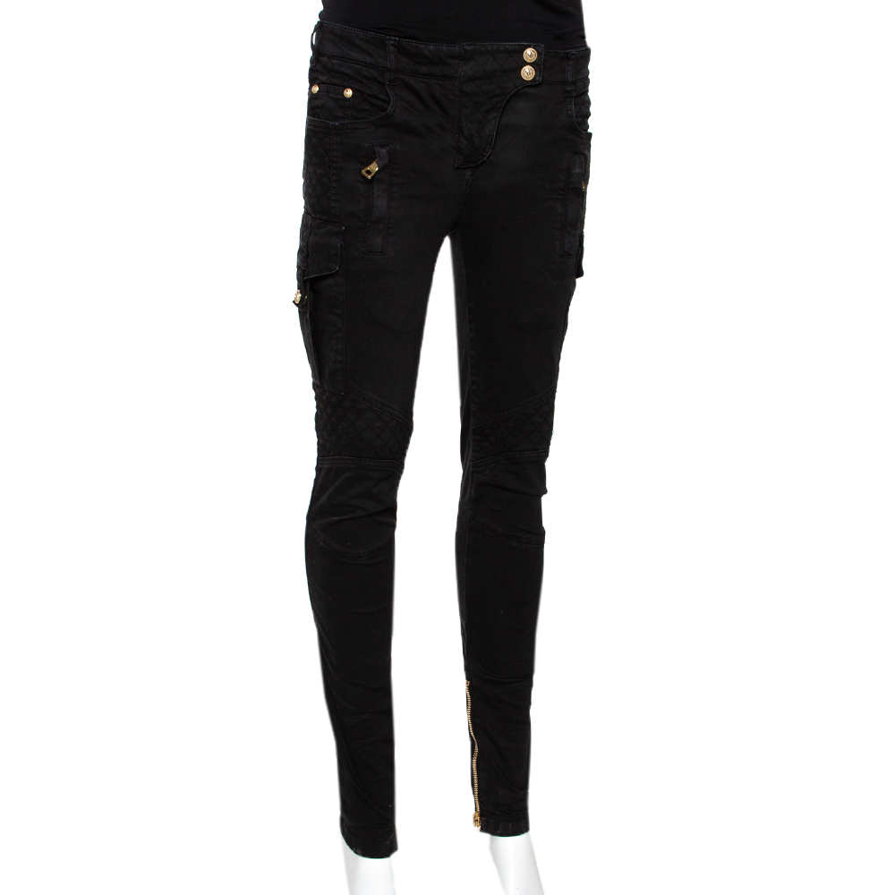 

Balmain Black Cotton Zipper Detail Skinny Pants