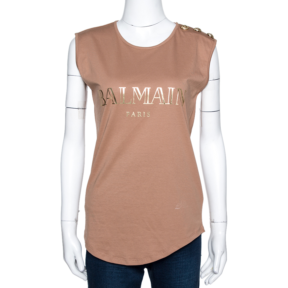 Pre Owned Balmain Beige Logo Printed Cotton Button Embellished Sleeveless T-Shirt S