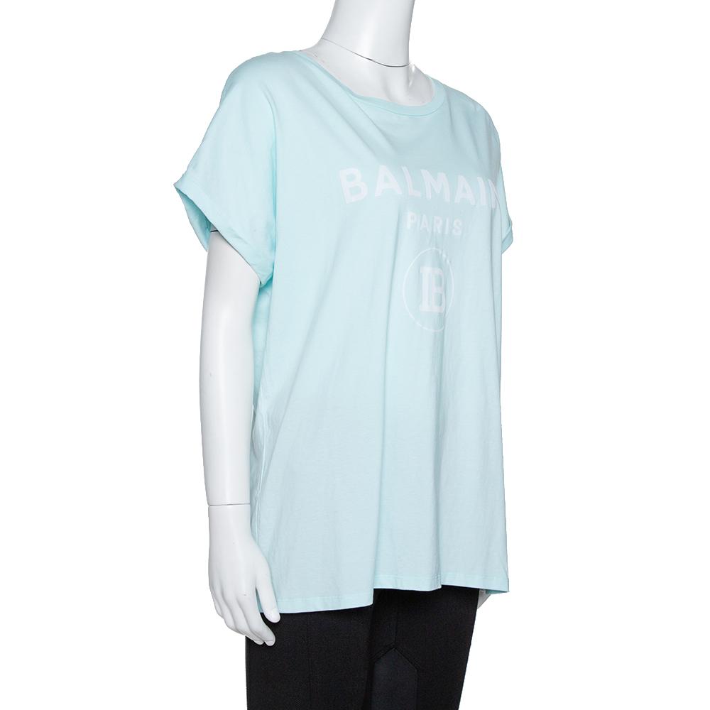 

Balmain Light Blue Flock Logo Print Cotton Crew Neck T-Shirt