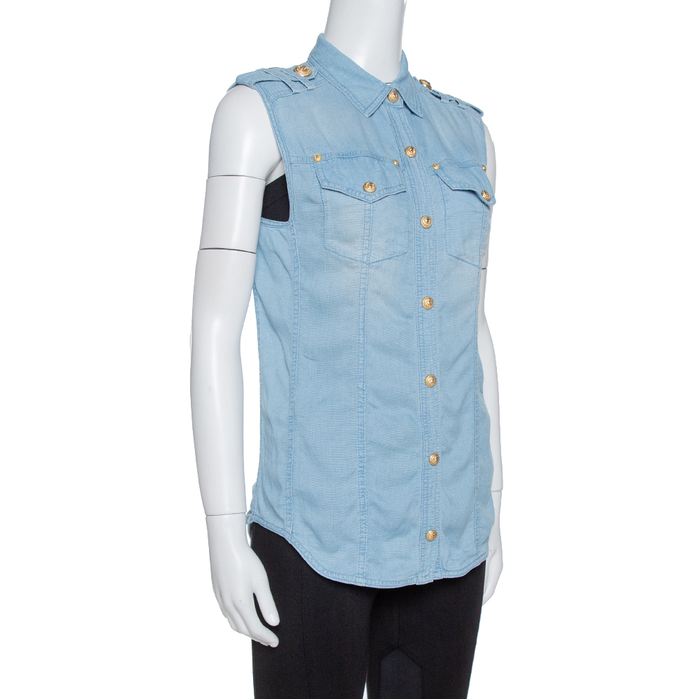 

Balmain Blue Lyocell Sleeveless Button Front Shirt