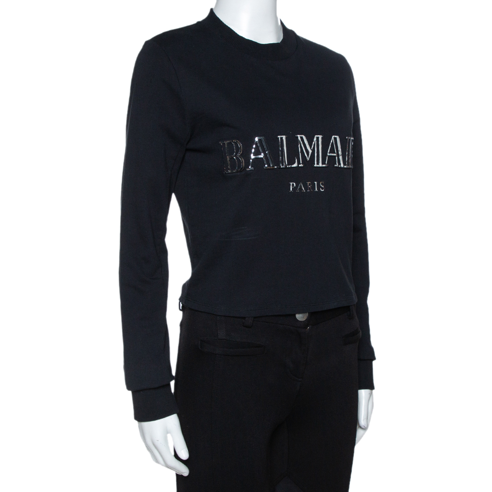 

Balmain Black Cotton Metallic Logo Applique Cropped Sweatshirt Top M