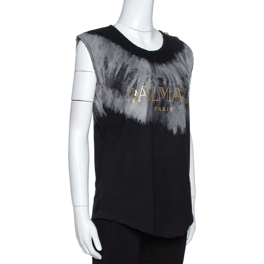 

Balmain Grey Tie Dye Cotton Logo Print Sleeveless T Shirt