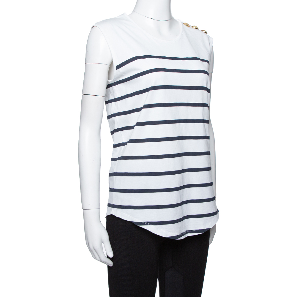 

Balmain x Net-A-Porter White & Blue Striped Cotton Jersey Top