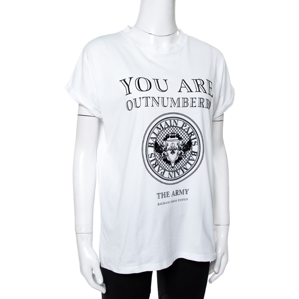 

Balmain White 'Outnumbered' Flocked Print Cotton T-Shirt