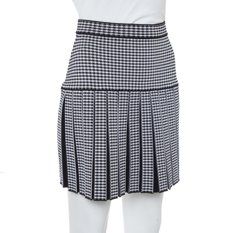 

Balmain Monochrome Gingham Knit Pleated Structured Skirt, Black