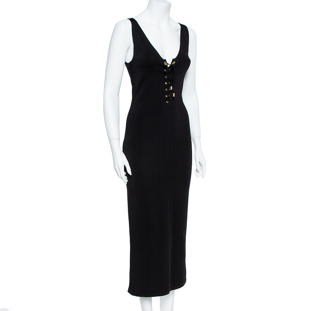 

Balmain Black Stretch Knit Lace-up Midi Dress