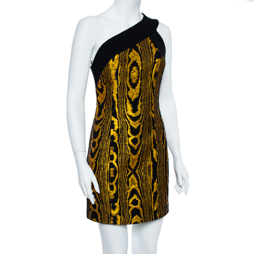

Balmain Black & Gold Jacquard Stripe One Shoulder Mini Dress