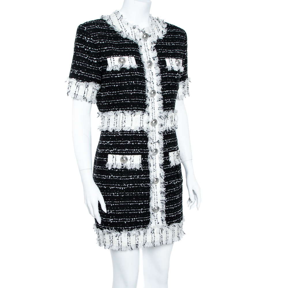 

Balmain Monochrome Cotton Blend Tweed Mini Dress, Black