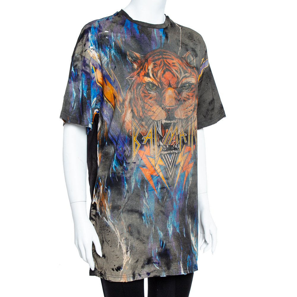 

Balmain Multicolor Cotton Faded Tiger Print Distressed Oversized T-Shirt, Black