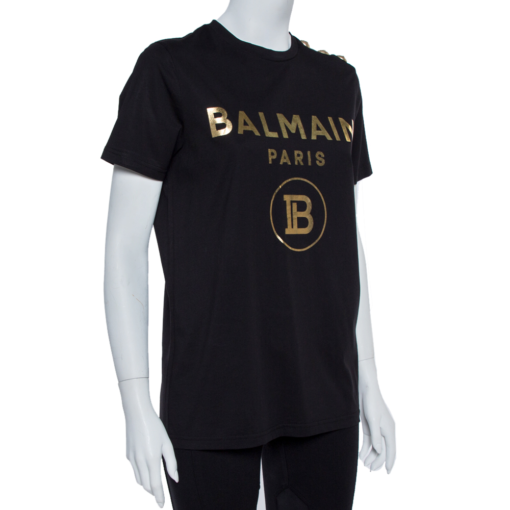 

Balmain Black Cotton Knit Metallic Logo Print T-Shirt