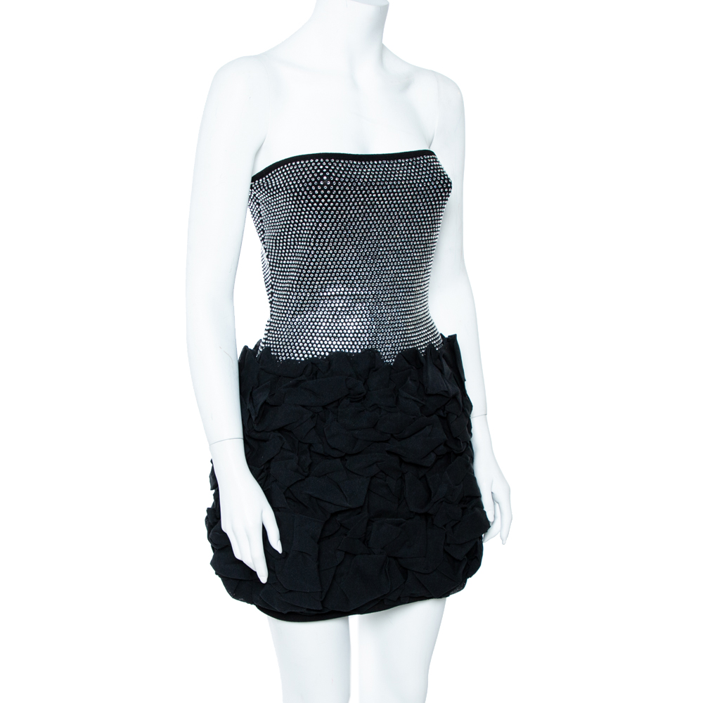 

Balmain Black Crystal Embellished Strapless Ruffle Mini Dress